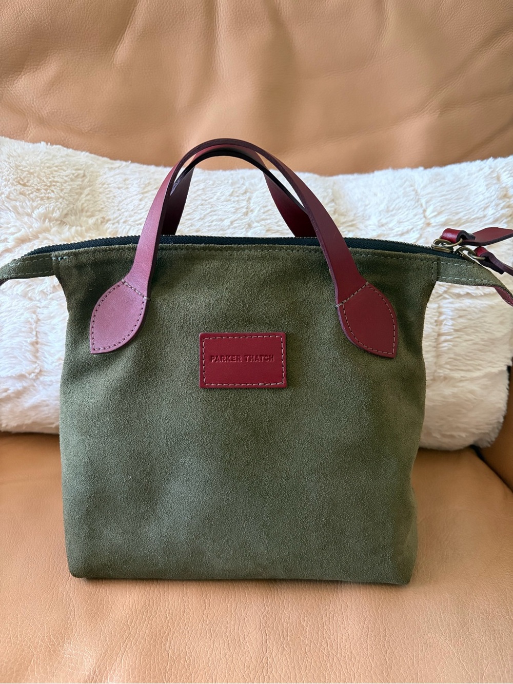 Small Parker Thatch Olive Suede Tote with Burgundy Leather Trim